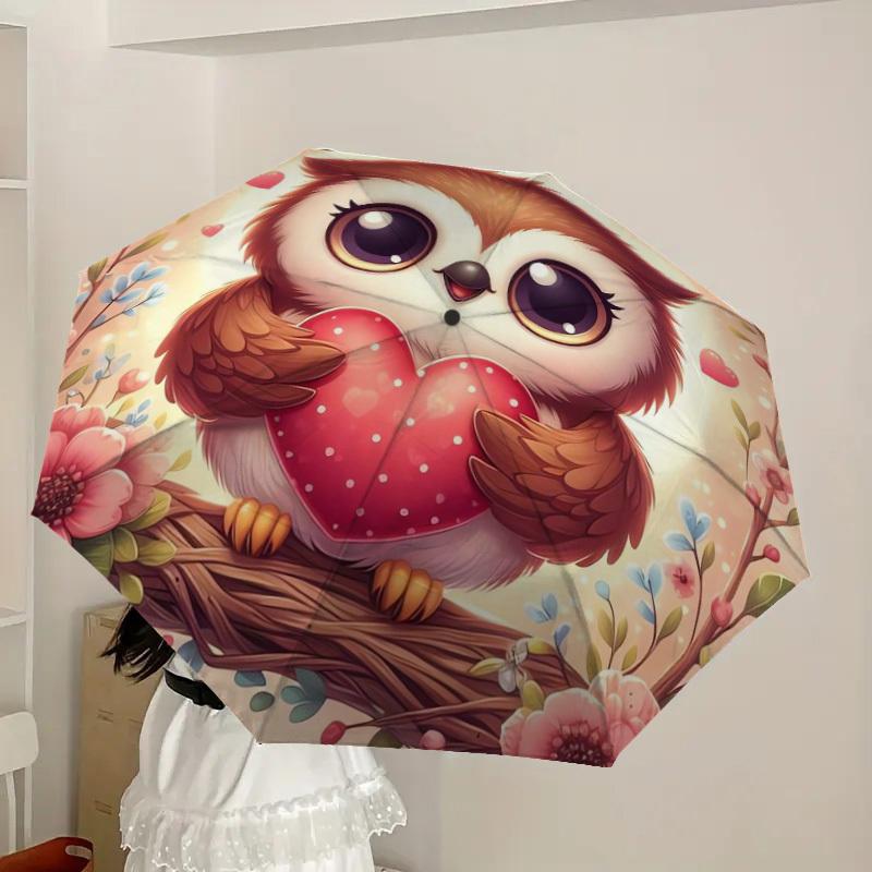 1pc Cute Owl Holding Heart Umbrella with Plastic Handle,Suitable for All Seasons Home Travel Outdoor UmbrellaDD312
