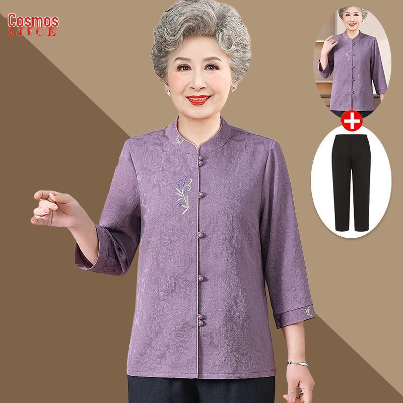 New Embroidered Seven-Sleeve Tang Suit Top for Middle-Aged & Elderly Women - Chinese Style Spring/Autumn Shirt