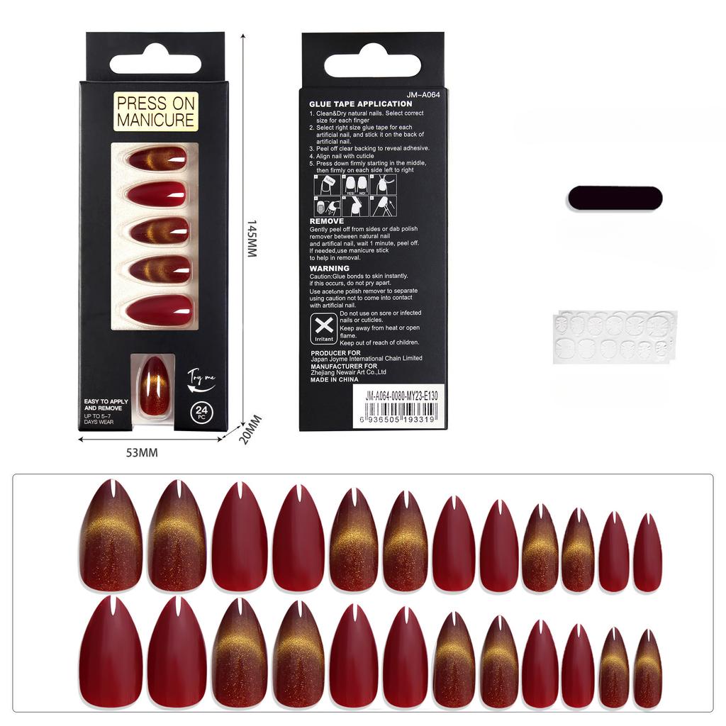 Kurz Französisch Goldener Katzenaugen-Look Nageltabletten 24 Fertige Nagelaufkleber Mandelform Nagel Nagelkunsttabletten Europa und Amerika