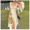 Women European Style Summer V-Neck Spaghetti Strap Floral Backless Slim Fit Maxi Dress