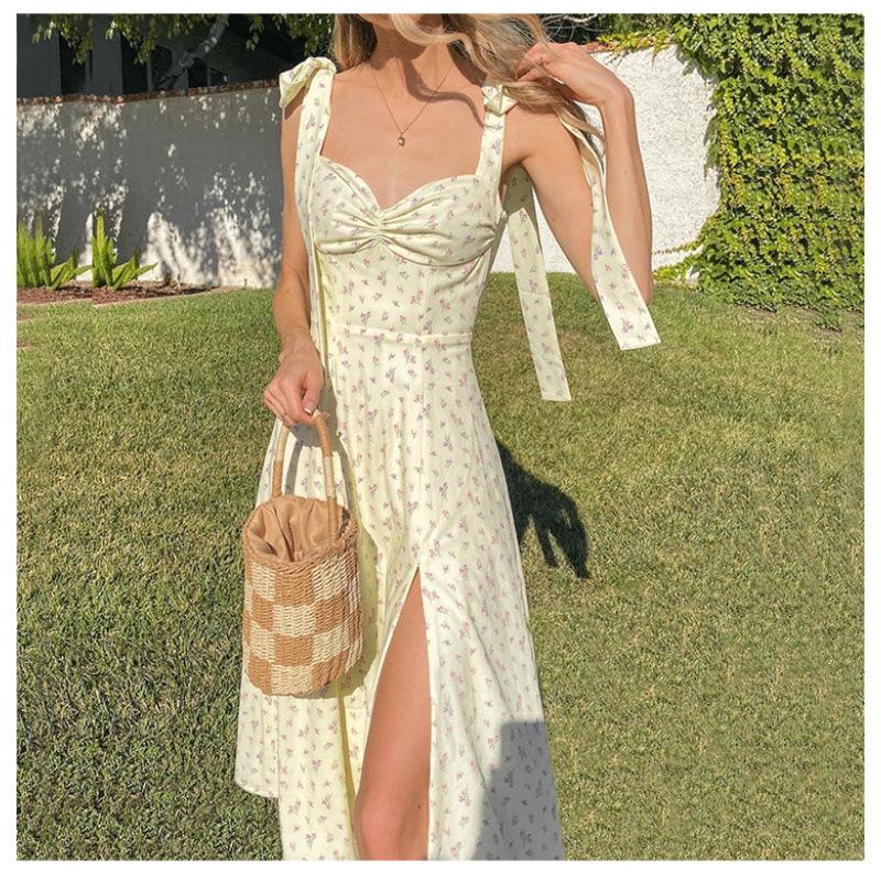 Women European Style Summer V-Neck Spaghetti Strap Floral Backless Slim Fit Maxi Dress S