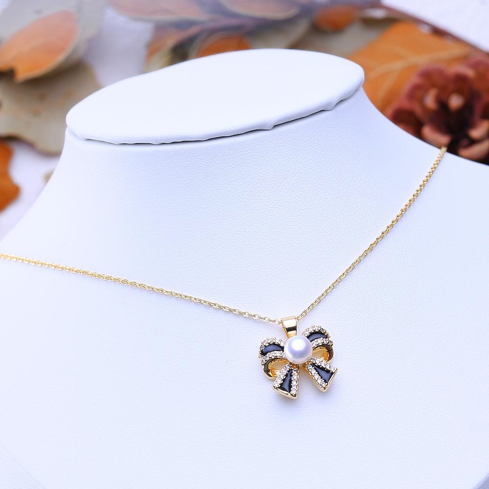 LSOOYH Collane di Gioielli con Perle d'Acqua Dolce Naturali per Donna Elegante Pendente Fiocco Colore Oro Regalo di Compleanno