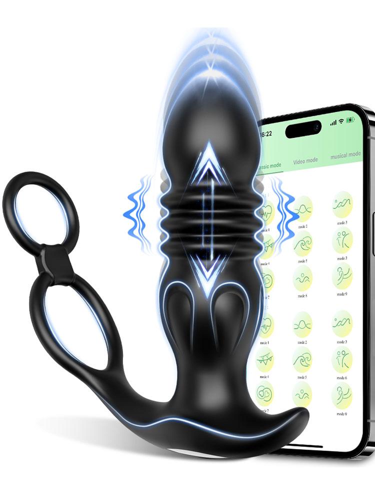 Prostate Massager for Men Male Thrusting Vibrator with APP Control Delayed Ejaculation Double Cork Ring Butt Plug Adult Sex Toy