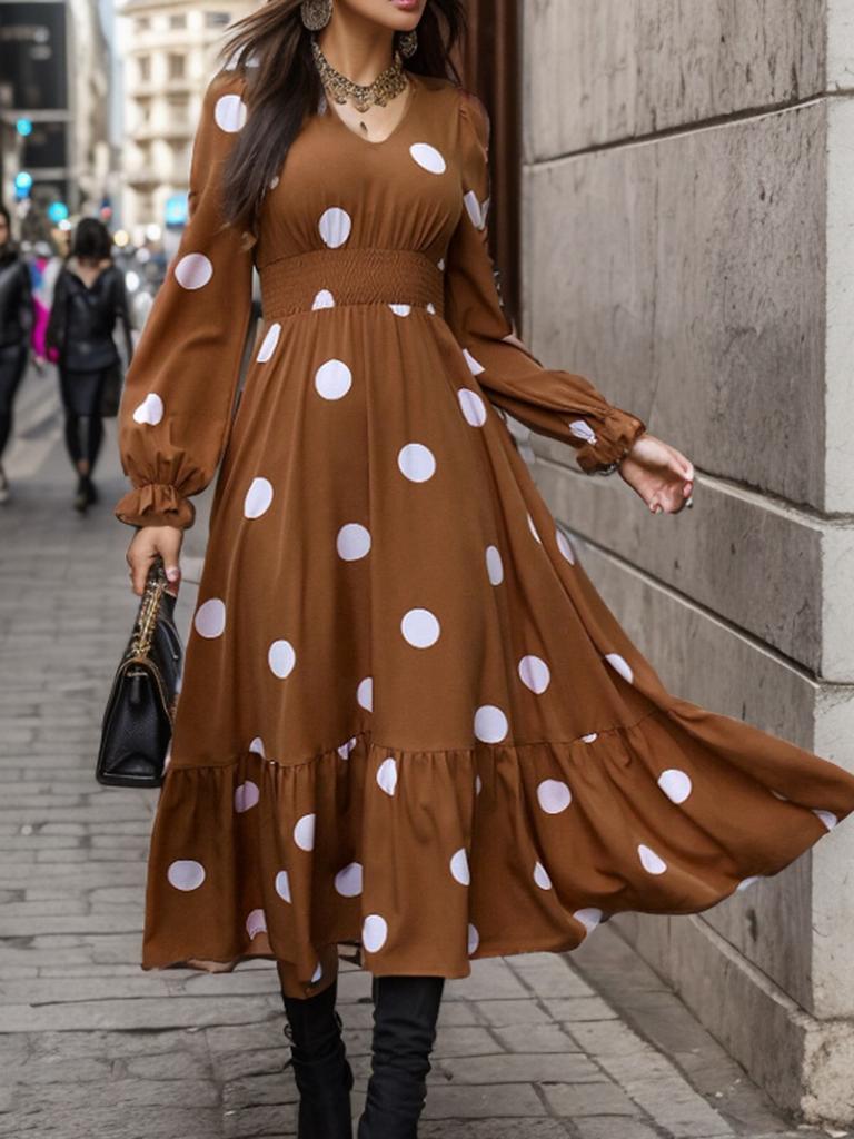 New Women's Clothing 2025 Spring Fashion Polka Dot Printing V-neck Long-sleeved Pendulum Dress