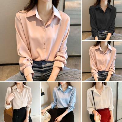 Women Shirt Pure Color Single-breasted Turn-down Collar Plus Size Long Sleeve Cardigan Soft Casual OL Commute Bottom Blouse Lady Top