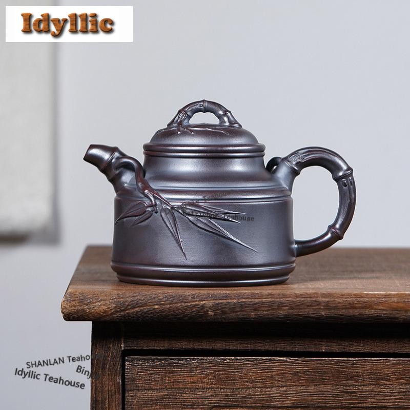 340ml Classic Yixing Purple Clay Teapots Handmade Engraved Bamboo Pot Raw Ore Antique Brass Mud Kettle Zisha Tea Set Ornaments