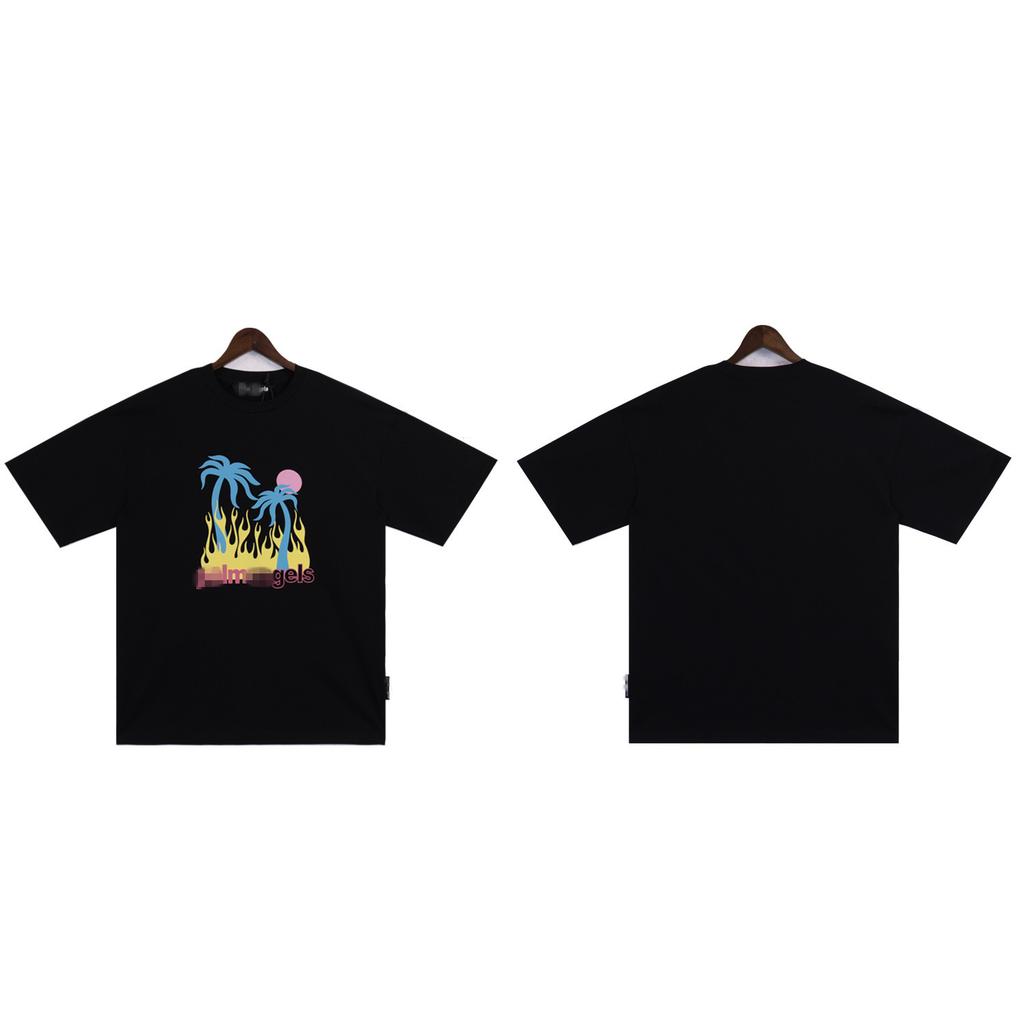 25S Cross-border European and American Tide Brand Palm Angel Sunset Palm Tree Flame Letter Short-sleeved T-shirt Men's and Women's High Street 