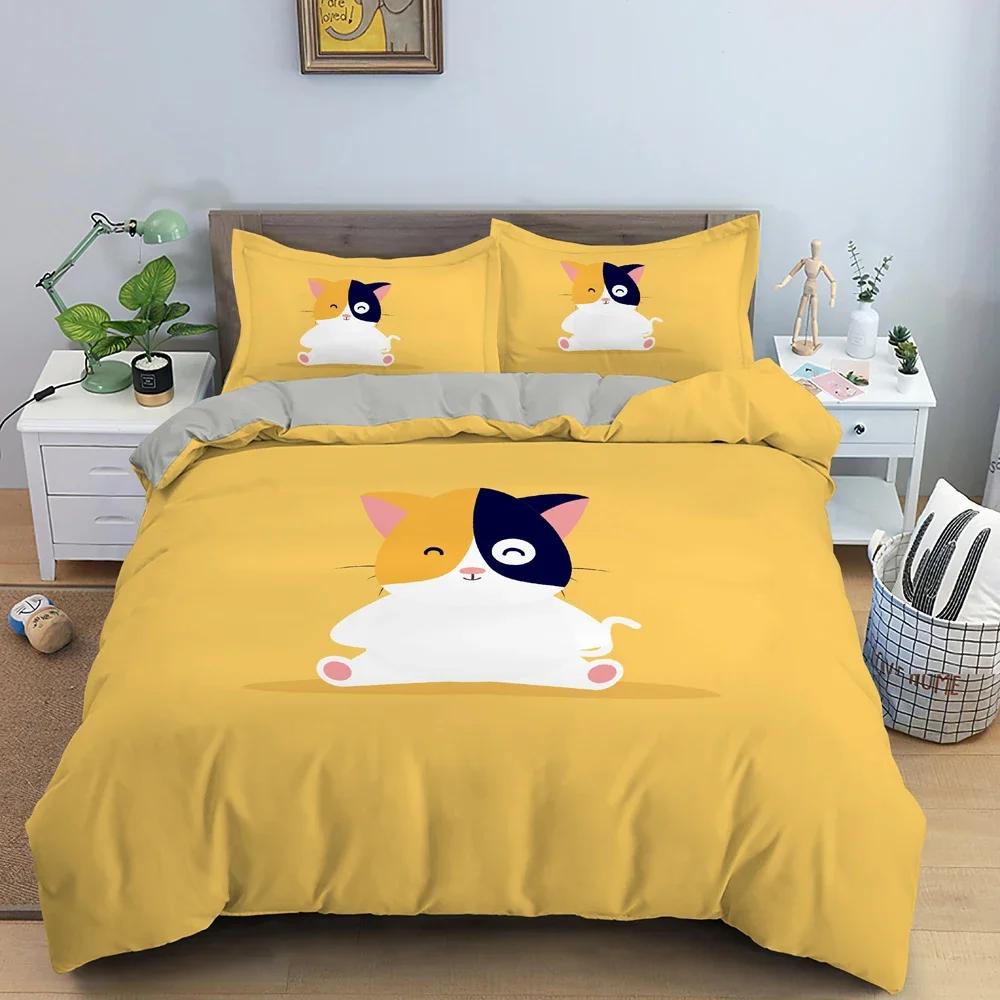 Cute Cat Pattern Comfortable Duvet Quilt Cover Pillowcase Bedding Set Children Bedroom Decoration Home Textile