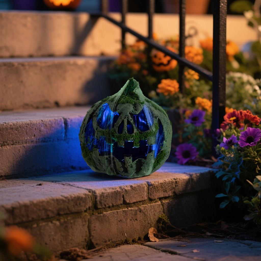 Halloween Luminous Moss-Covered Pumpkin , 8.66 Inch Spooky Glowing - O - For Indoor Outdoor Halloween Decor
