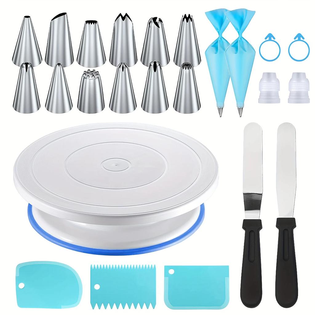 24PCS Cake Decorating Set-Non-Slip Turntable with Piping Tips, Scrapers & Tools for Professional DIY Baking Tools Accessories