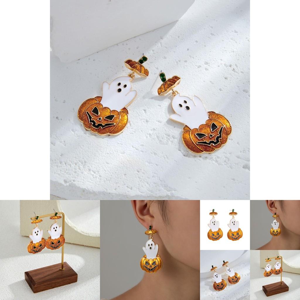 Eye-catching Retro Ghost Face Pumpkin Earrings Featuring Dazzling Rhinestone Embellishments