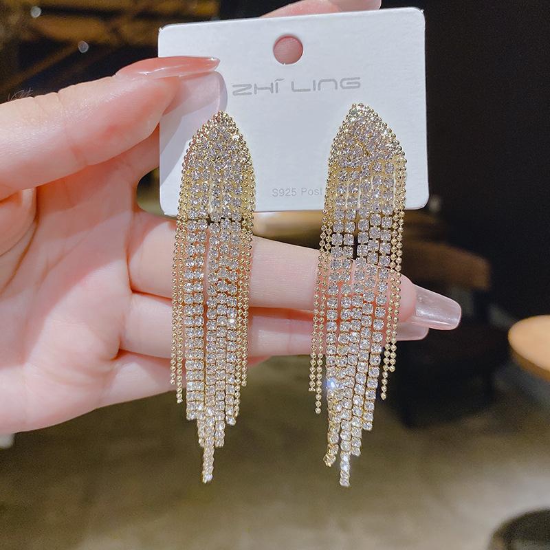Fashion Statement Earring Long Full Rhinestone Big Earrings for Women Shining Tassel Dangle Earrings Wedding Jewelry Gift