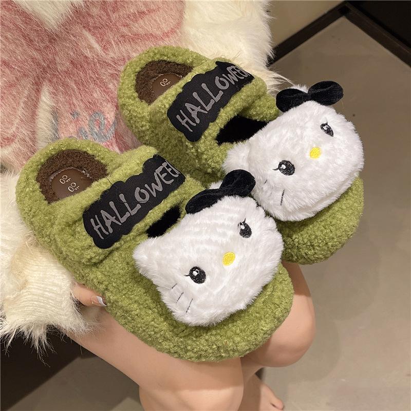 Cartoon niedliche Kai Katze flauschige Hausschuhe Damen 2025 Herbst und Winter neu dicksohlige rutschfeste Hausschuhe mit Zehenkappe aus Baumwolle