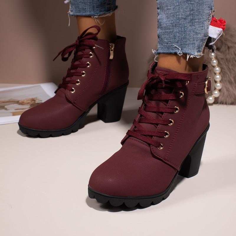 Fashion Spring New Chunky Single Boots Women's Fashion Round Head Deep Cut Front Lacing Side Zipper Platform Heels