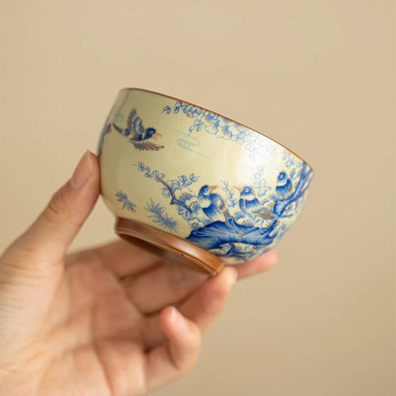 1 Pc Chinese Handmade Flowers and Birds Ceramic Tea Cup Ru Kiln Tea Bowl Household Master Teacup Travel Personal Tea Set 140ml