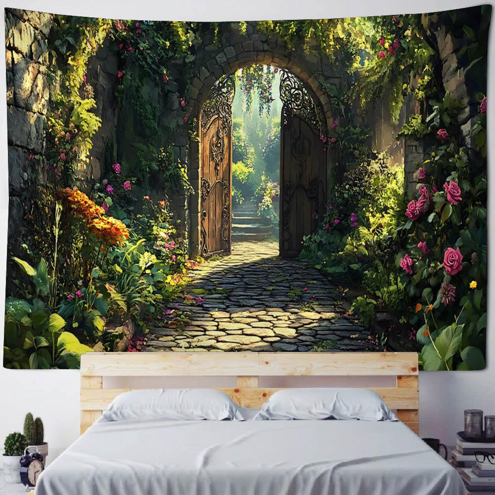 Window floral tapestry balcony green plant wall hanging art, bedroom decoration, background poster, home life, picnic mat