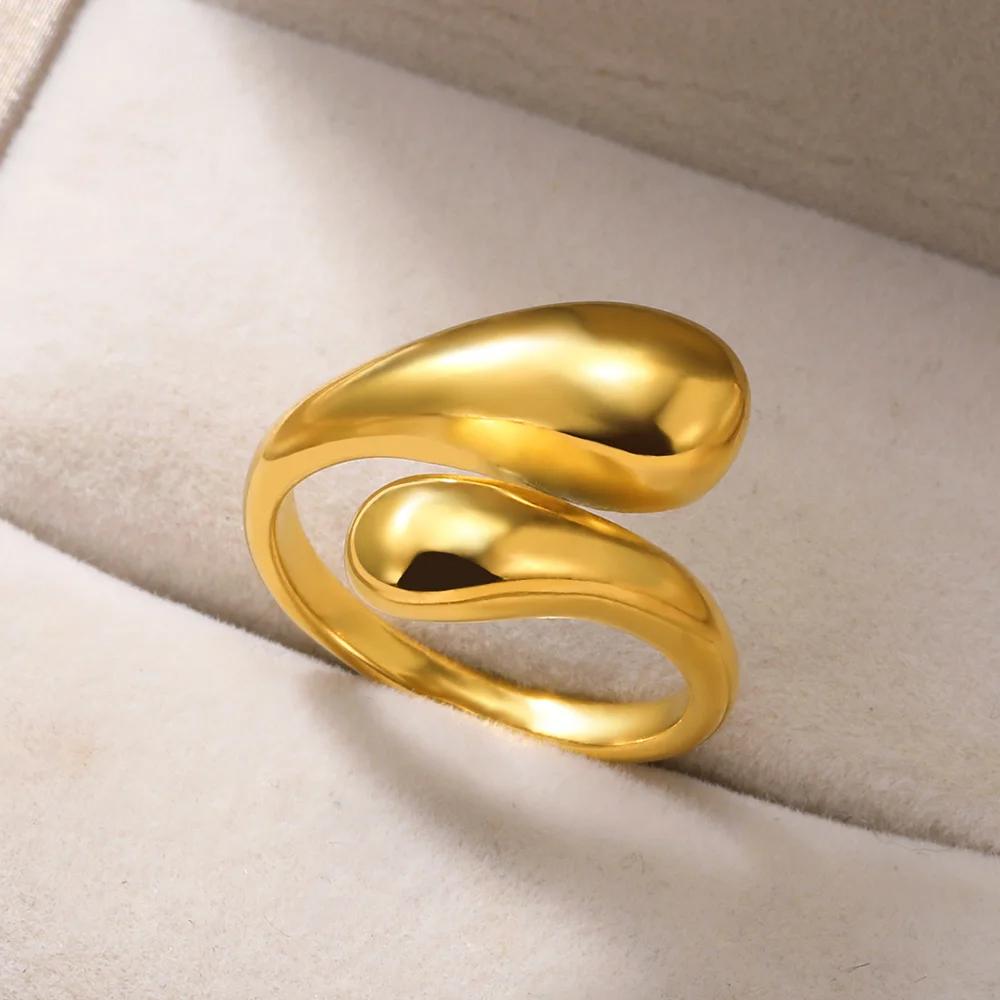 Stainless Steel Geometric Rings For Women Men Gold Color Wide Oval Jewelry Hippie Punk Opening Ring Wedding Party Gift