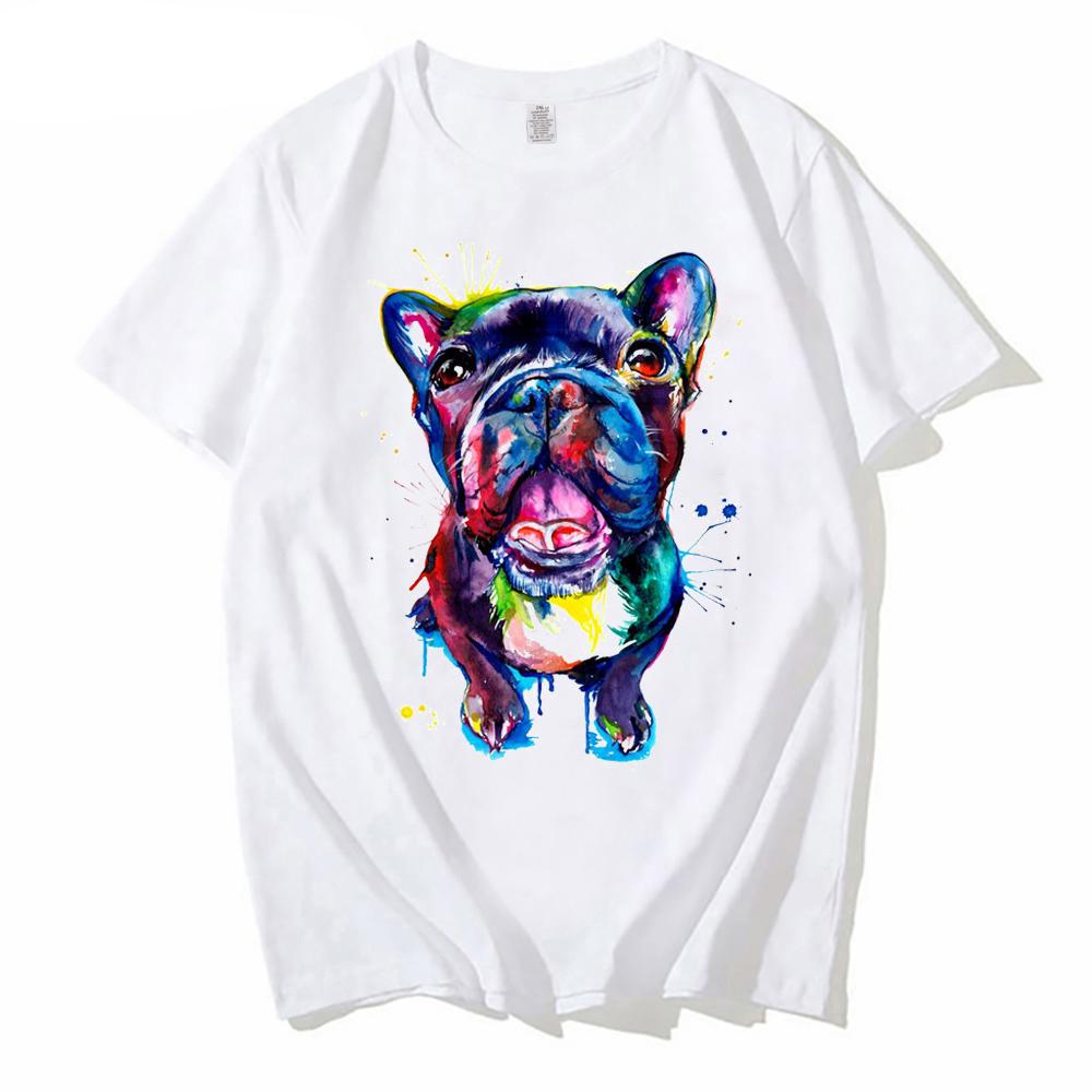 

New Fashion Men O-Neck Active French Bulldog Watercolor Print unisex streetwear white Hip Hop Geek Short Sleeve T Shirts S