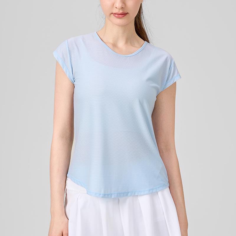 

Женская быстросохнущая утягивающая футболка для йоги: Свободная фитнес-накидка с короткими рукавами M светло-синий