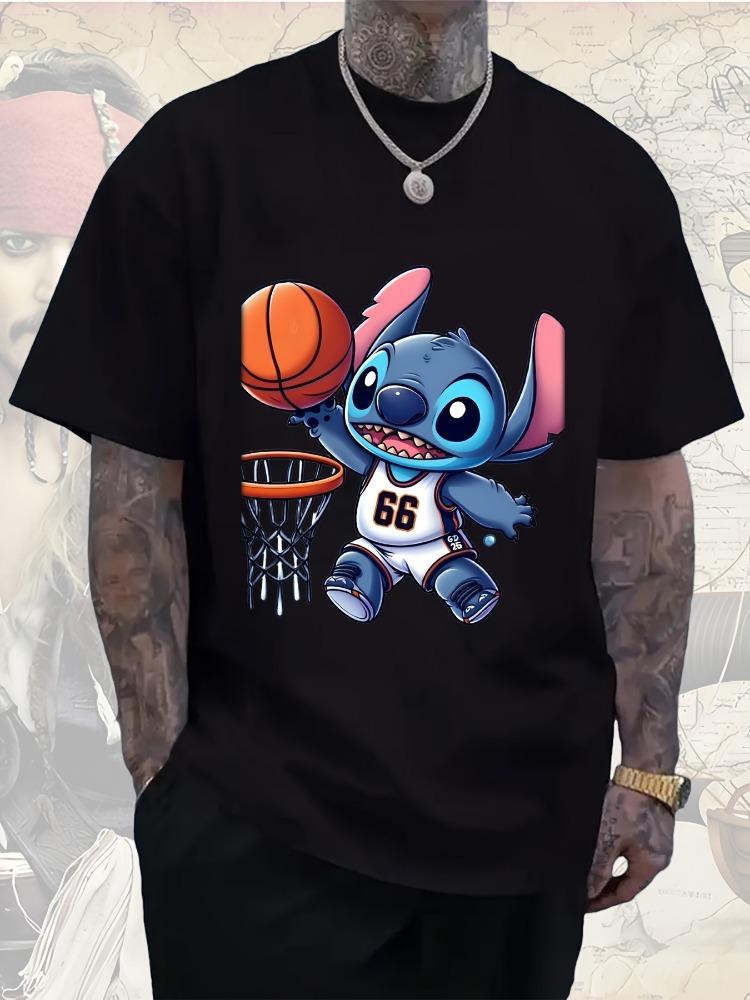 Summer New Mens Basketball T-shirt Disney Stitching Printed Cotton Fashion O Neck T-Shirt Casual Athletic Casual Simple Tops