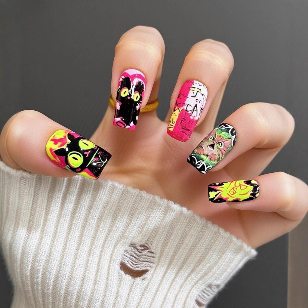 

24 шт. Средние квадратные накладные ногти на клеевой основе, милые мультяшные узоры с яблоками, полосатая сетка, французские накладные ногти для женщин, носимые ногти