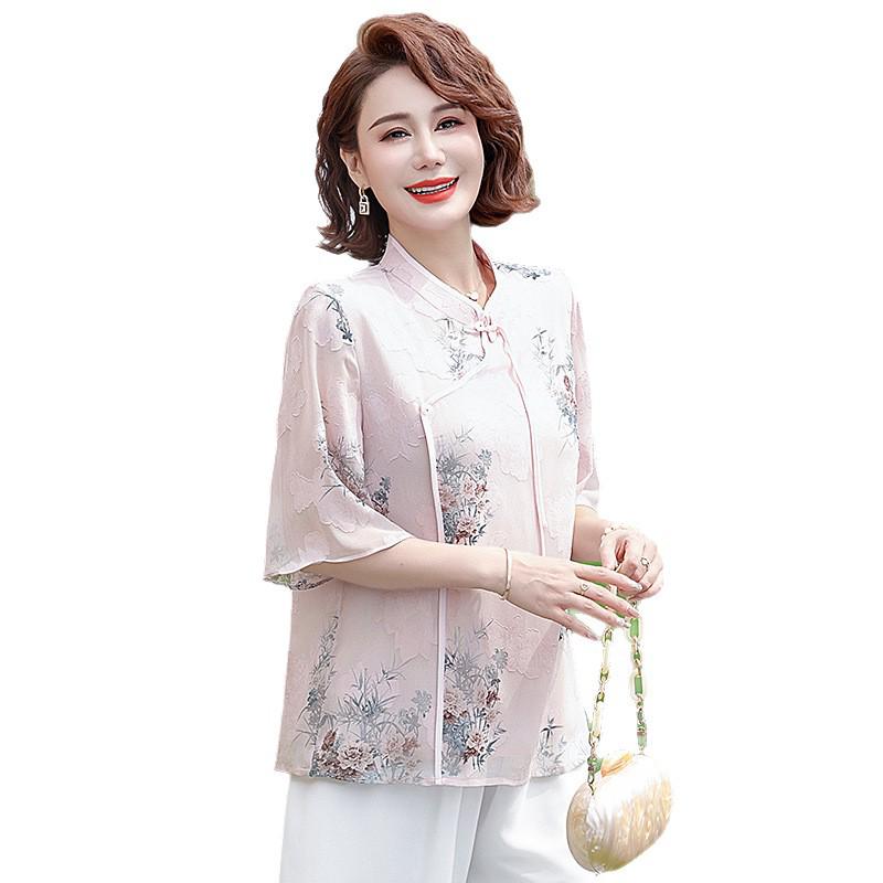 Elegant Chinese-Style Chiffon Blouse for Middle-Aged and Elderly Women - Summer Fashion