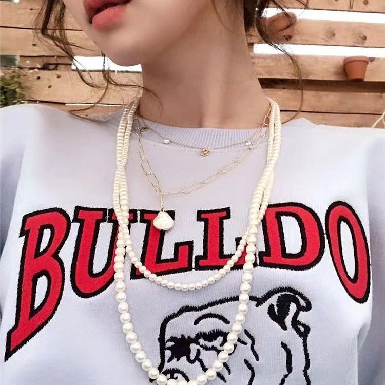 Triple layer stacked glass bead long necklace wedding dress street shot cheongsam sweater chain Internet celebrity explosion female