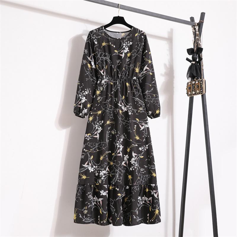 2022 European & American Floral A-Line Dress - Spring, Long Sleeve, Round Neck, Slim Fit