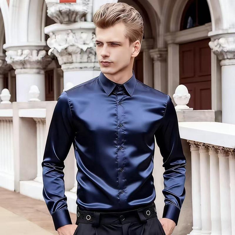Mens White Long Sleeve Lapel Collar Slim Fit Formal Dress Shirt