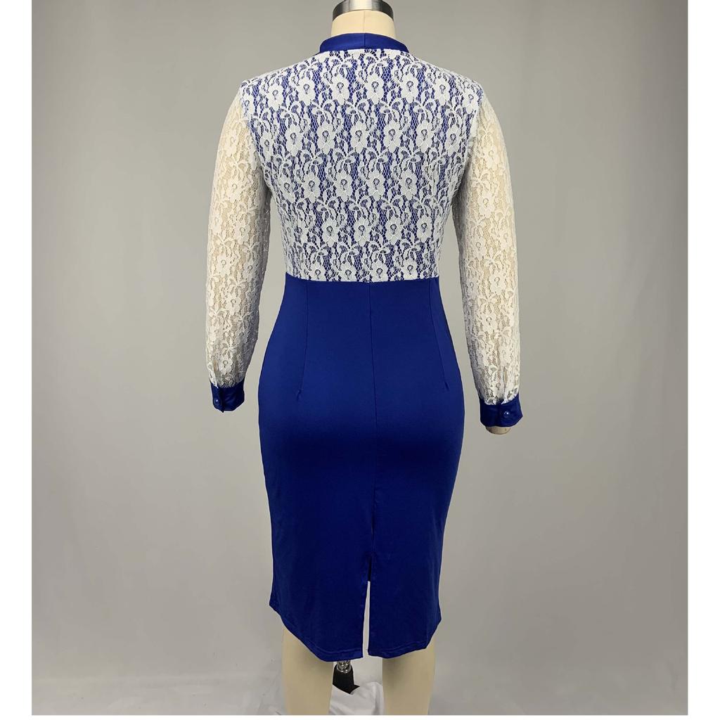 Plus Size Women's Lace Long Sleeve Bodycon Dress Elegant High Waist Patchwork Midi Office Dress