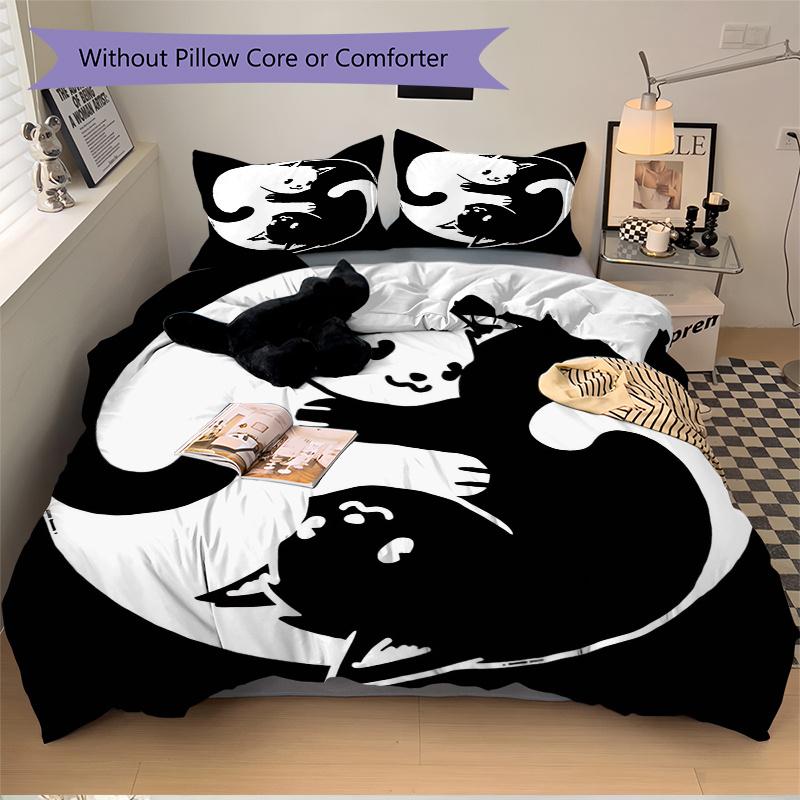 3-teiliges Yin und Yang Weißkatze und Schwarze Katze Bettbezug-Set - Weiche und Gemütliche Schlafzimmer-, Gästezimmer- und Wohnheim-Dekorative Bettwäsche 3-teiliges Set 1 Bettbezug
