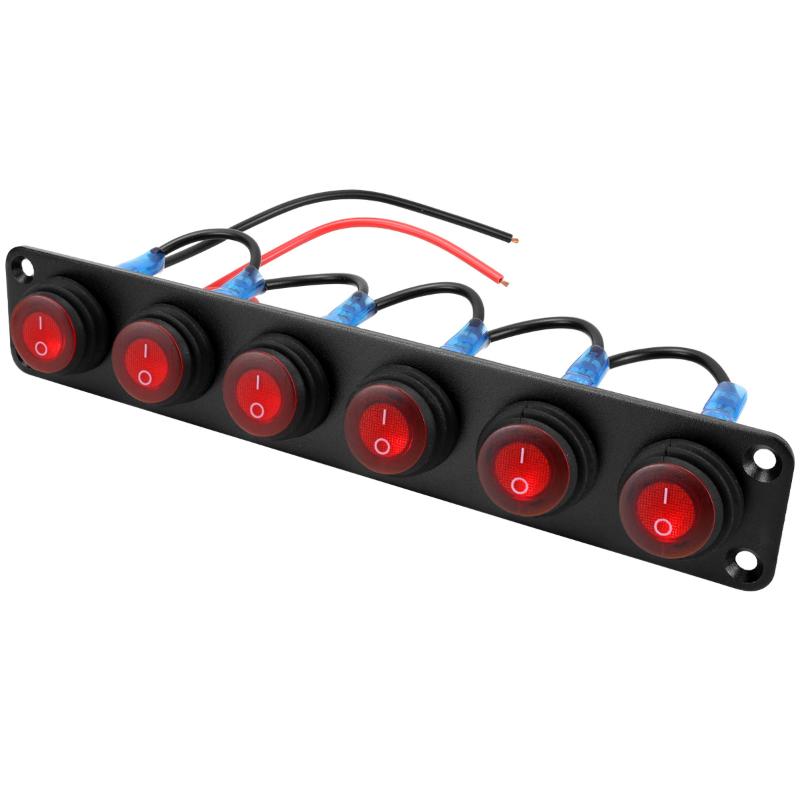 2.Switch Panel 1-6 Gang 12V for Boat, Truck, Automotive: On-Off Rocker Toggle with Red LED Light, Waterproof