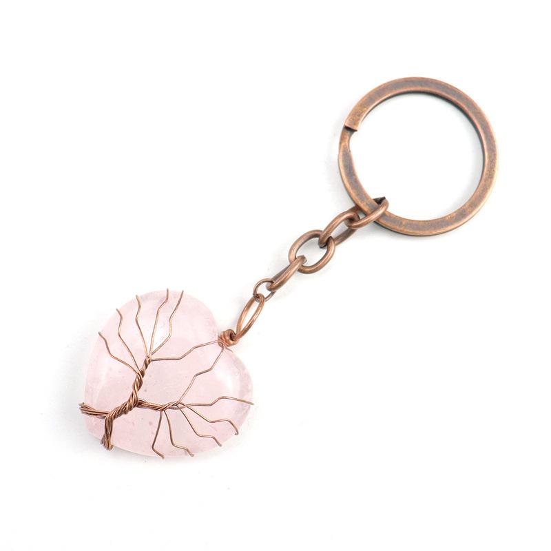 

Vintage Natural Stone Crystal Love Heart-Shaped Tree Of Life Keychain Keychain Bag Pendant K25 рожевий кварц кольору