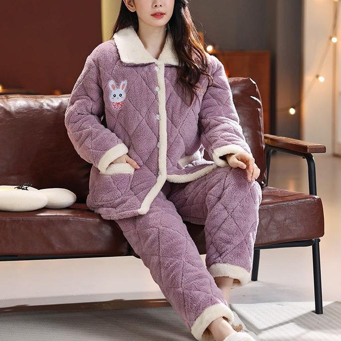 Süße warme wattierte Baumwolle kann draußen getragen werden dreilagiger Pyjama Damen Winter Loungewear verdickt saisonal große Größe