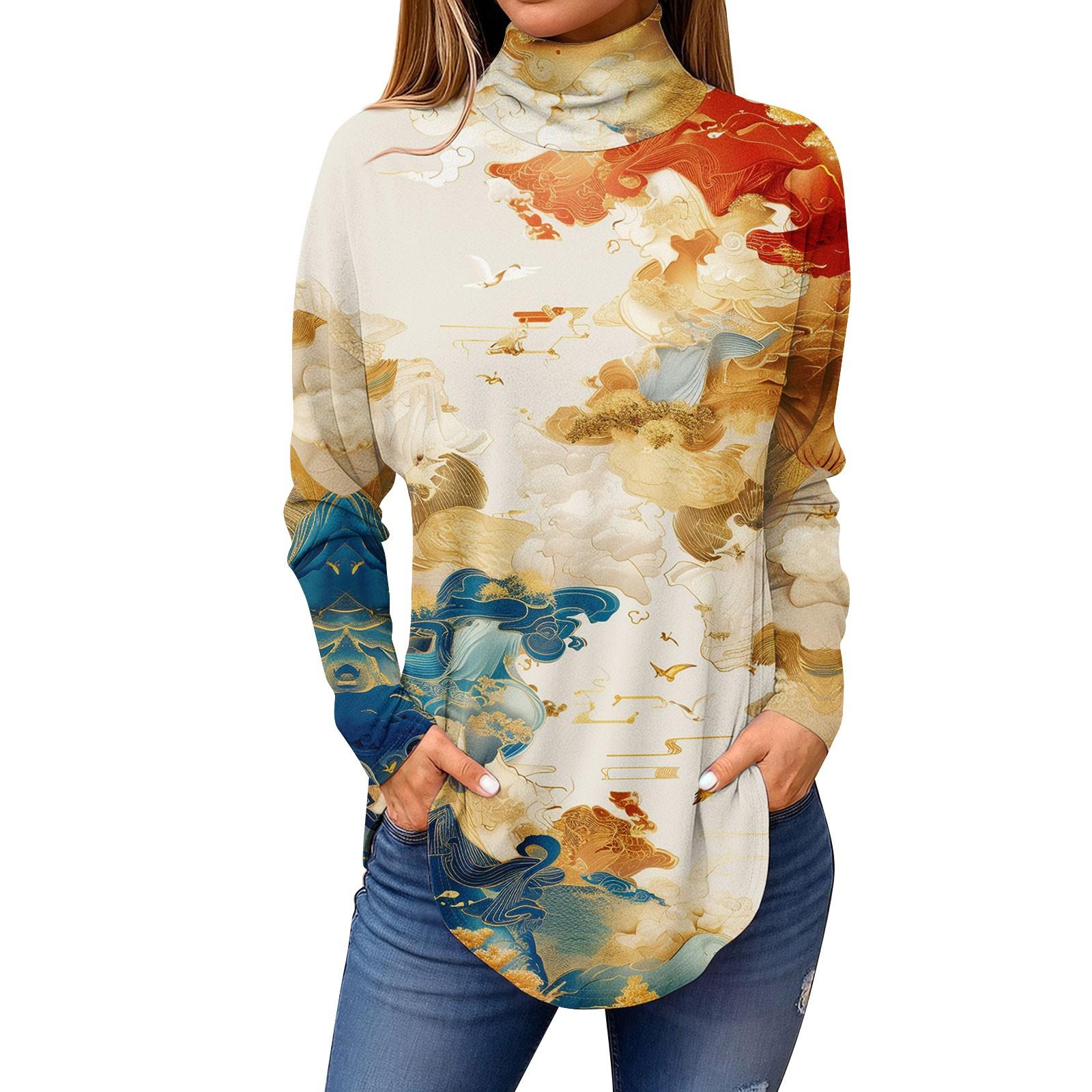 

Tee Shirts For Women Fall Casual Long Sleeve Shirts Sweatshirt Vintage Printed High Neck Top Pullover XL жовтий
