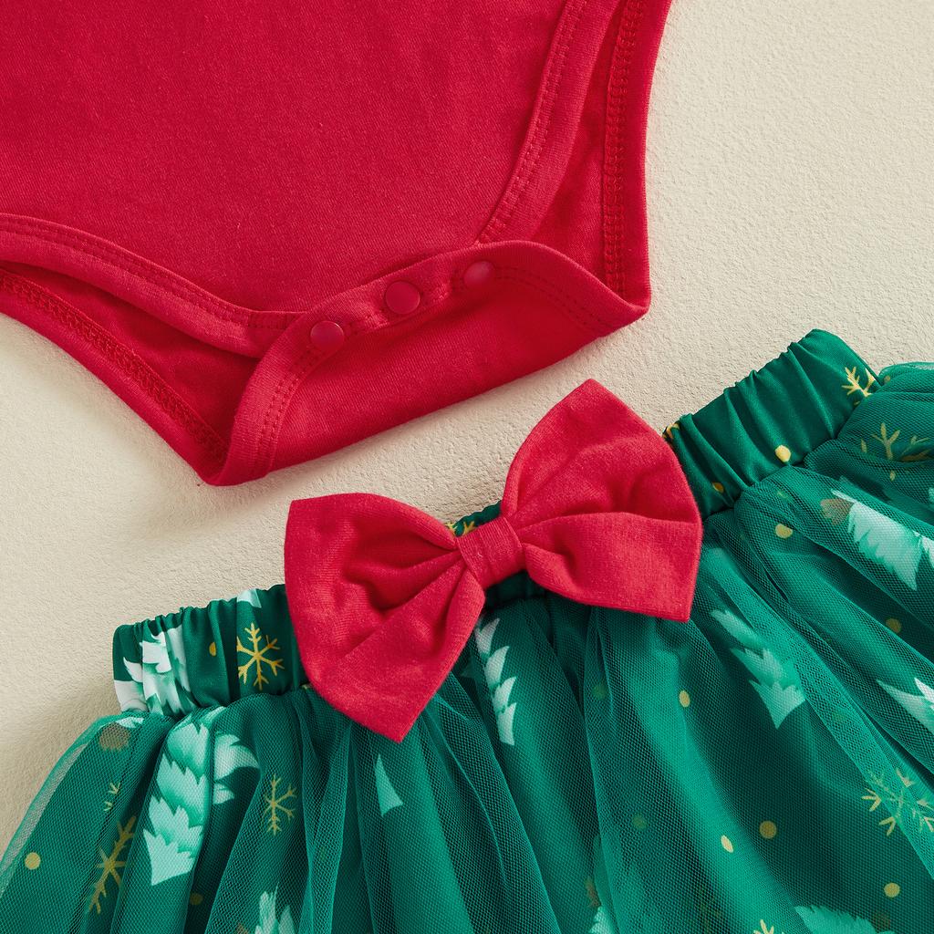 Citgeett Winter Christmas Infant Baby Girl Outfit Print Long Sleeve Romper Tulle Skirt Headband Fall Xmas Clothes