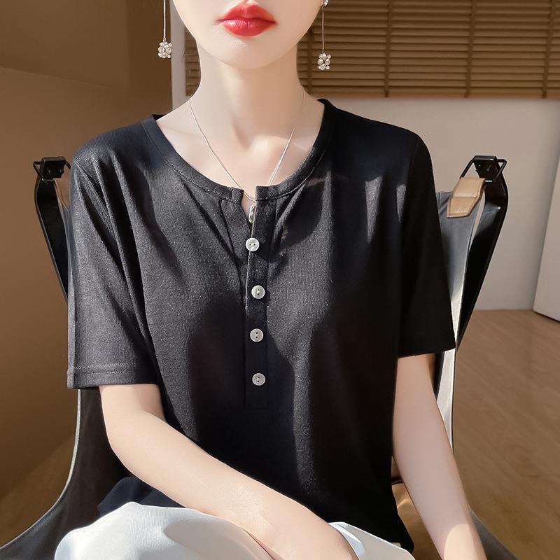 Women's Spring and Summer Thin Elegant Half Open Neck Worsted Knit Short Sleeve Casual T-Shirt Top
