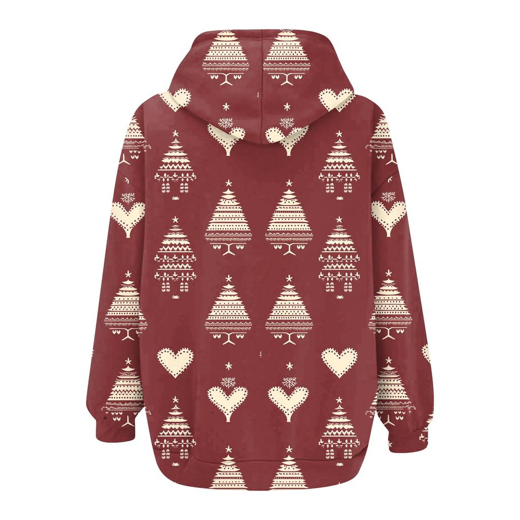 Women's Christmas Printed Sweatshirt Winter Long Sleeve Cardigan Jacket With Pockets Zipper Hoodie Outerwear