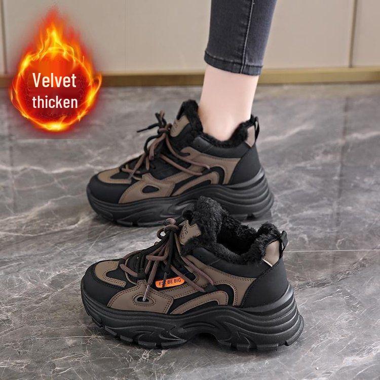 Women's Fleece-Lined Waterproof Leather Running Shoes - Lightweight, Non-Slip, Soft Thick Sole, Height-Boosting Winter Style