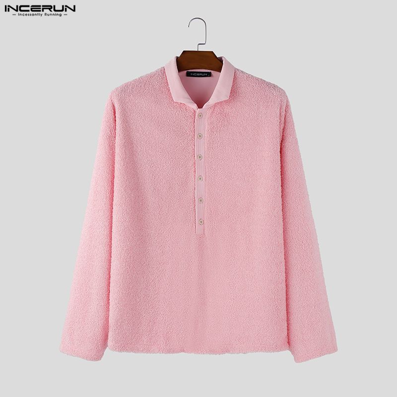 INCERUN Oversized Men Lapel Neck Long Sleeve Buttons Casual Loose Texture Pullovers Tops