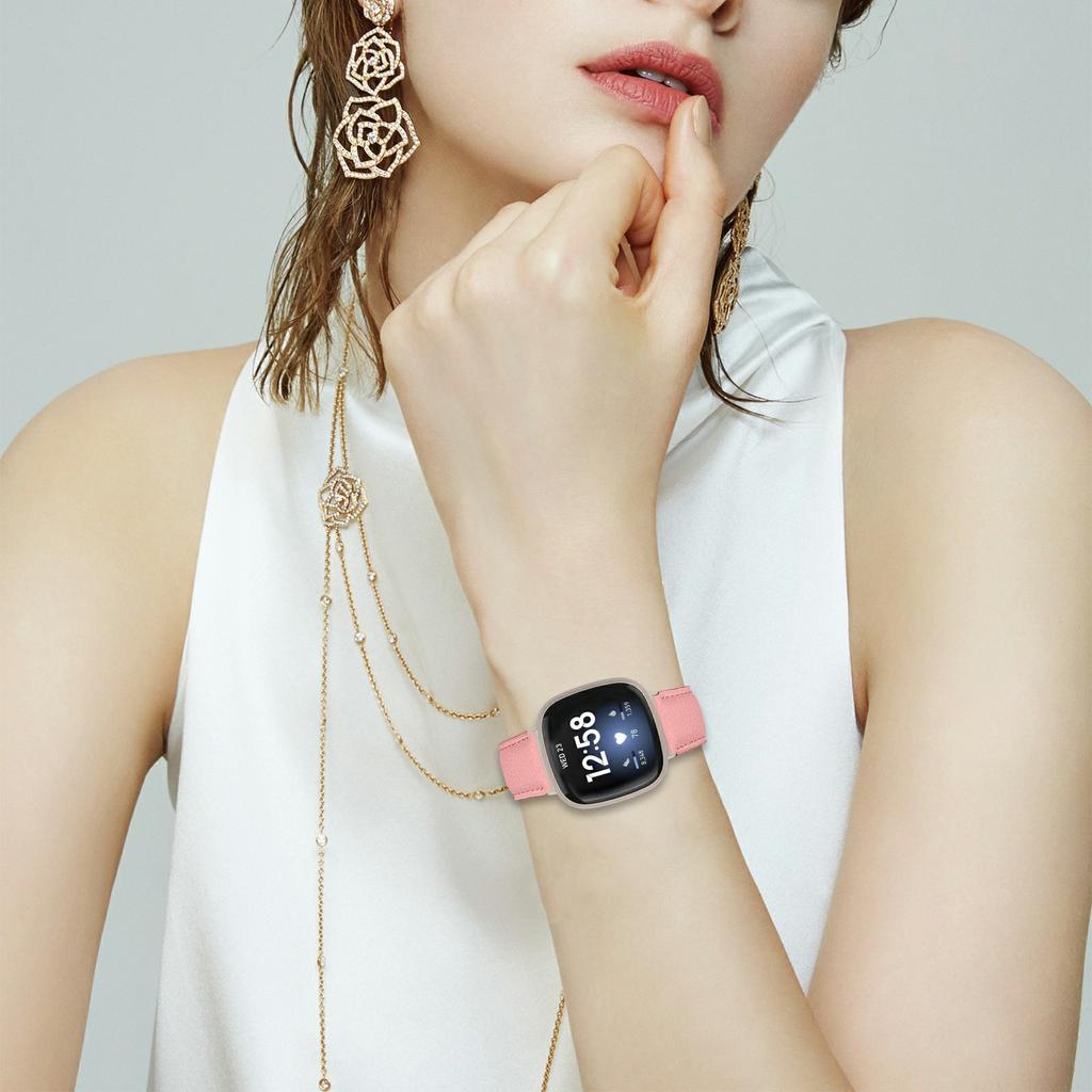 For Fitbit Versa 4/Sense 2 Genuine Leather Watch Band with Starlight Connector Turtle Back Buckle