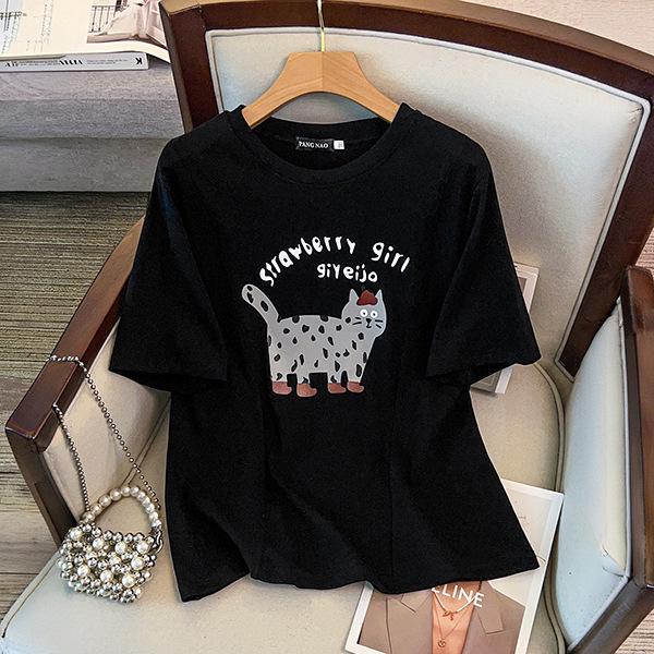 

2026 Spring Women s Plus Size Thick Cotton Cat Print Short Sleeve Top 8XL (230-260 Jin) чорний