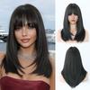 20-Inch Shoulder-Length Natural Black Layered Straight Wig for Women with Blunt Bangs Ladies Fashion Full Wig