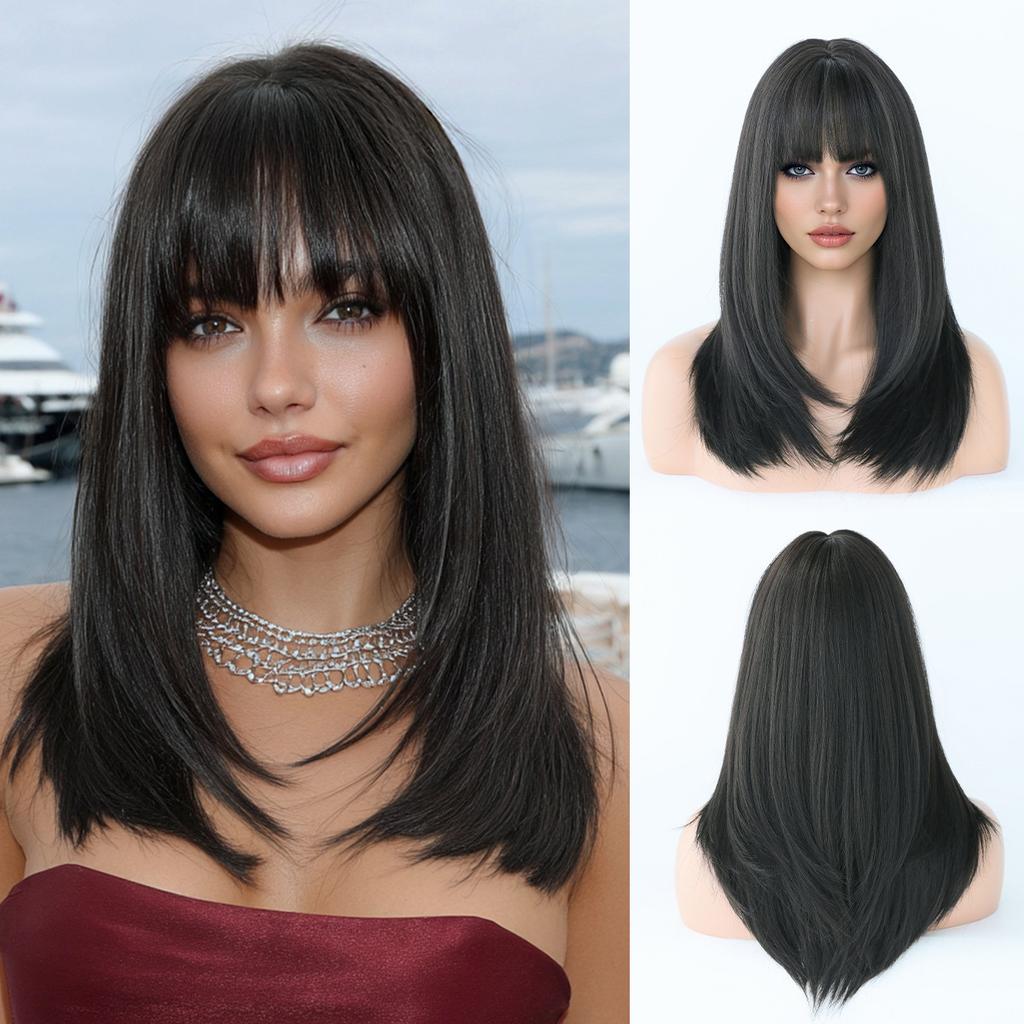 High Quality 20 Inch Shoulder Length Wig Women Natural Black Layered Full Head Cover Bangs Straight Hair Export