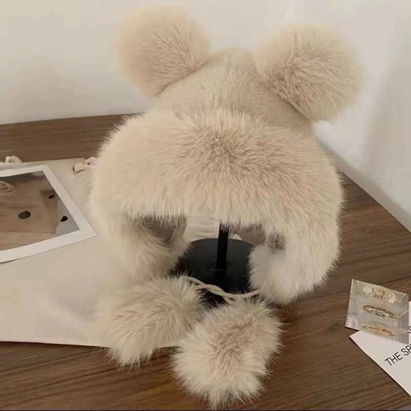 1Pcs Thicken And Warm Ear Protection Wind And Snow Hat Plush Little Bear Lei Feng Hat Winter New Women'S Plush Cute Bear Ear Hat