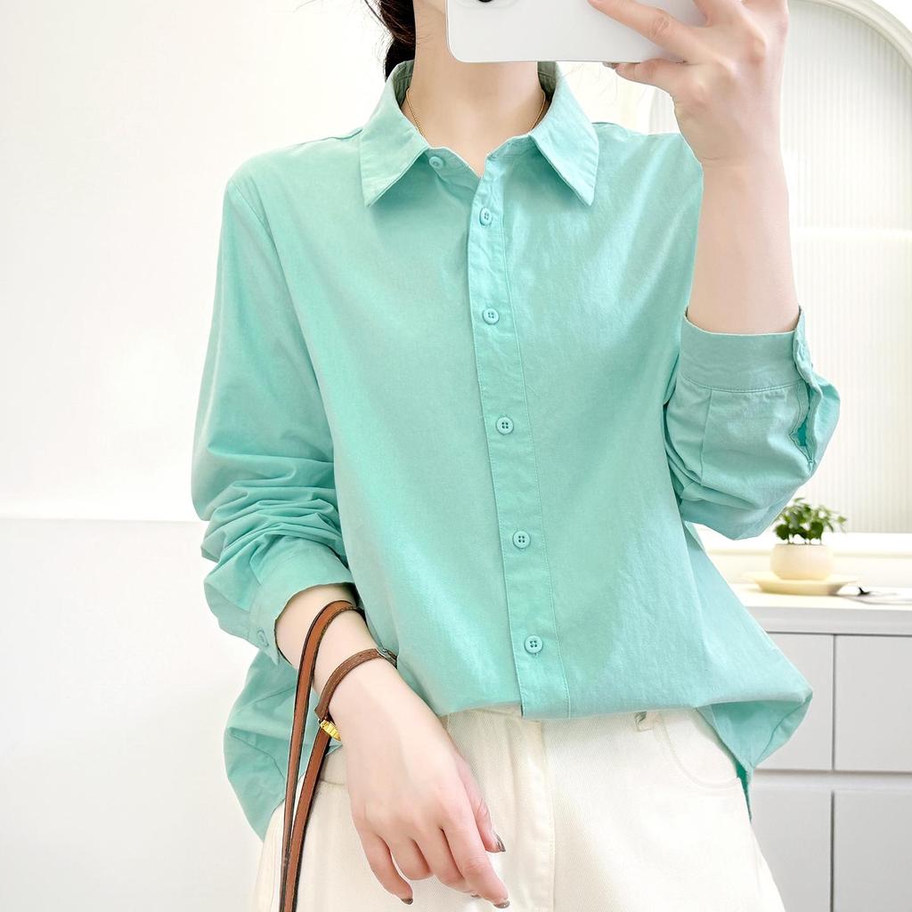 Women's Candy Color Long Sleeve Cotton Shirt - Minimalist, Versatile, and Slimming Design