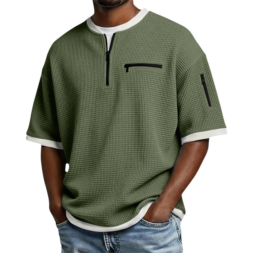 Men's Casual -Weave Zipper-Collar Lightweight Breathable Short-Sleeve Top