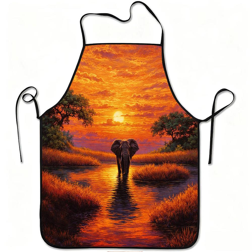 1pc Elephant Sunset Landscape Print Apron, Durable And Easy to Clean, Adjustable Waistband, Polyester Material, for Kitchen Cooking, Gardening, Orchar