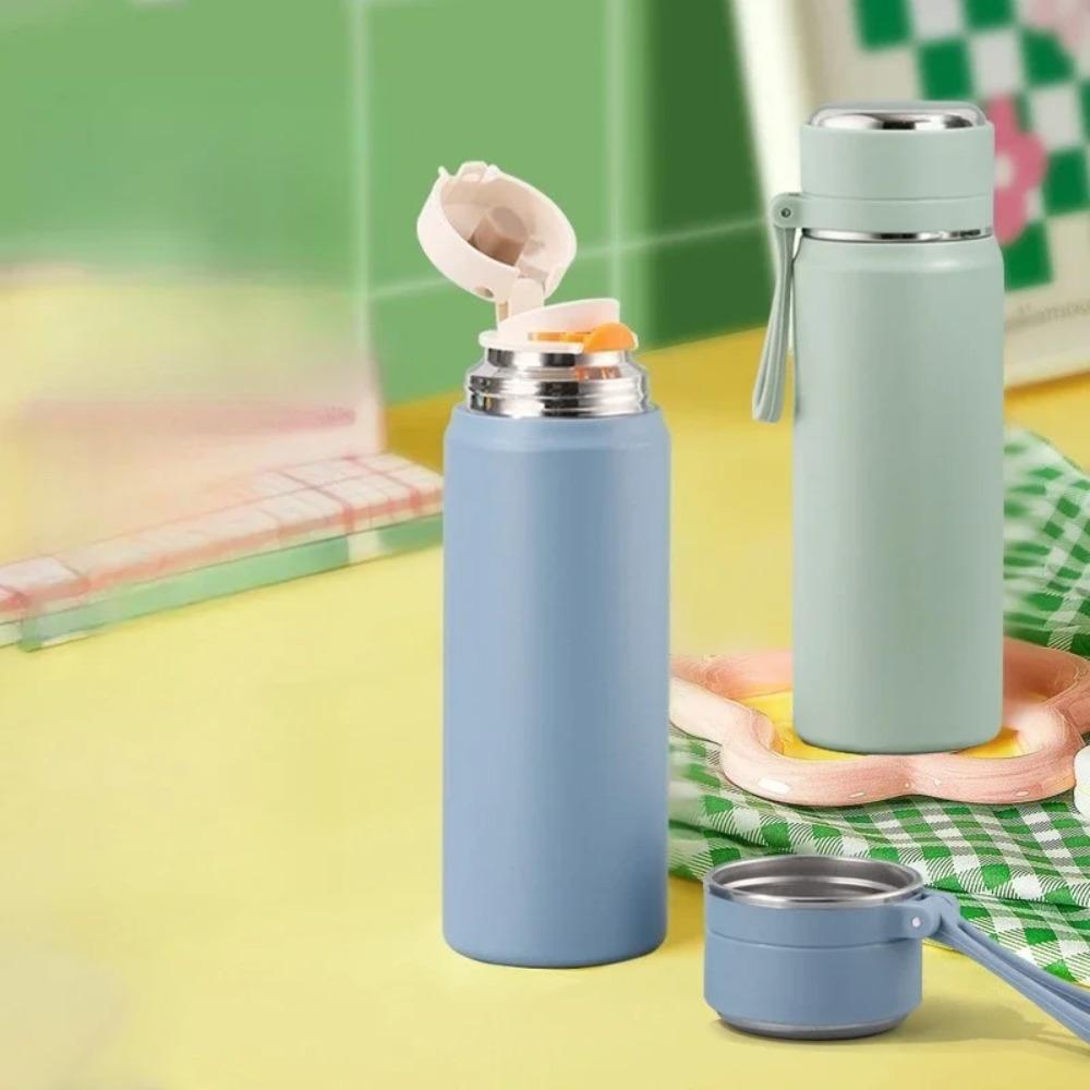 350/500/600ml 316 Stainless Steel Vacuum Flask, Portable Outdoor Sports Water Bottle with Drinking Cup Lid & Carry Lanyard