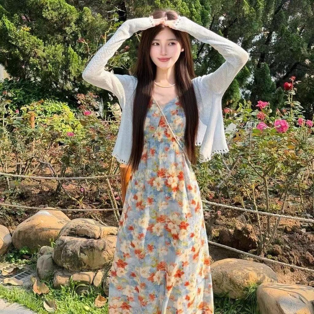 French blue suspender floral dress women's summer 2026 new seaside vacation temperament beautiful long dress